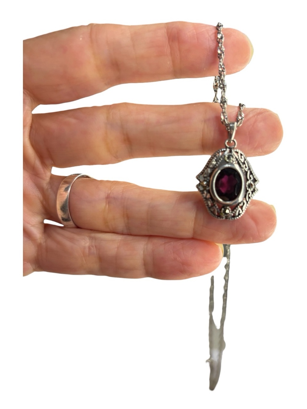 Sterling Silver 925 Garnet Red Marcasite Pendant Necklace Made in Italy Stamped